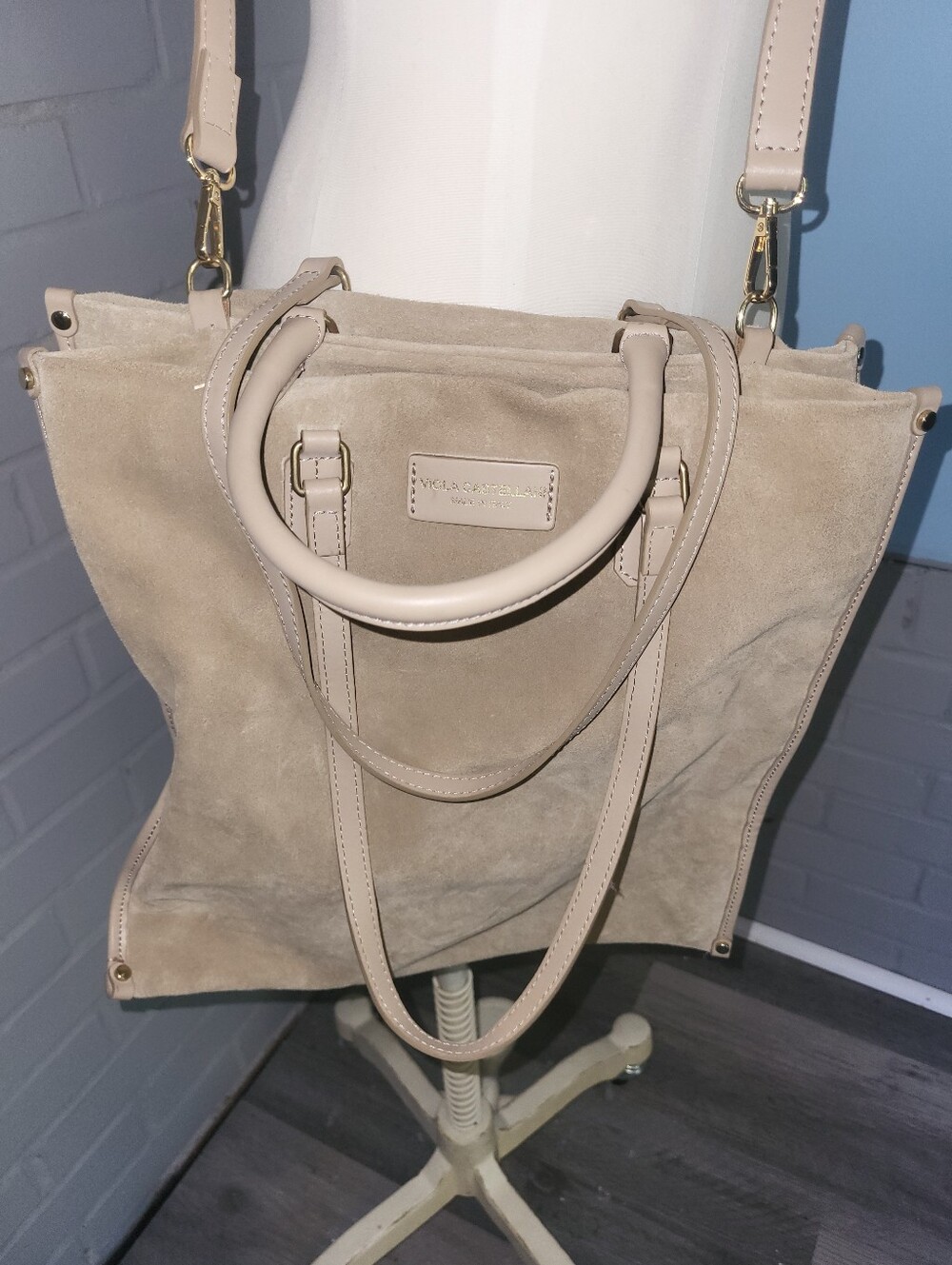 Viola Castellani Neutral Beige Suede Tote with Leather Handles